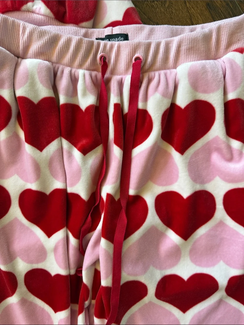 Kate Spade Pink & Red Heart Print Velour Pajama Set, size small